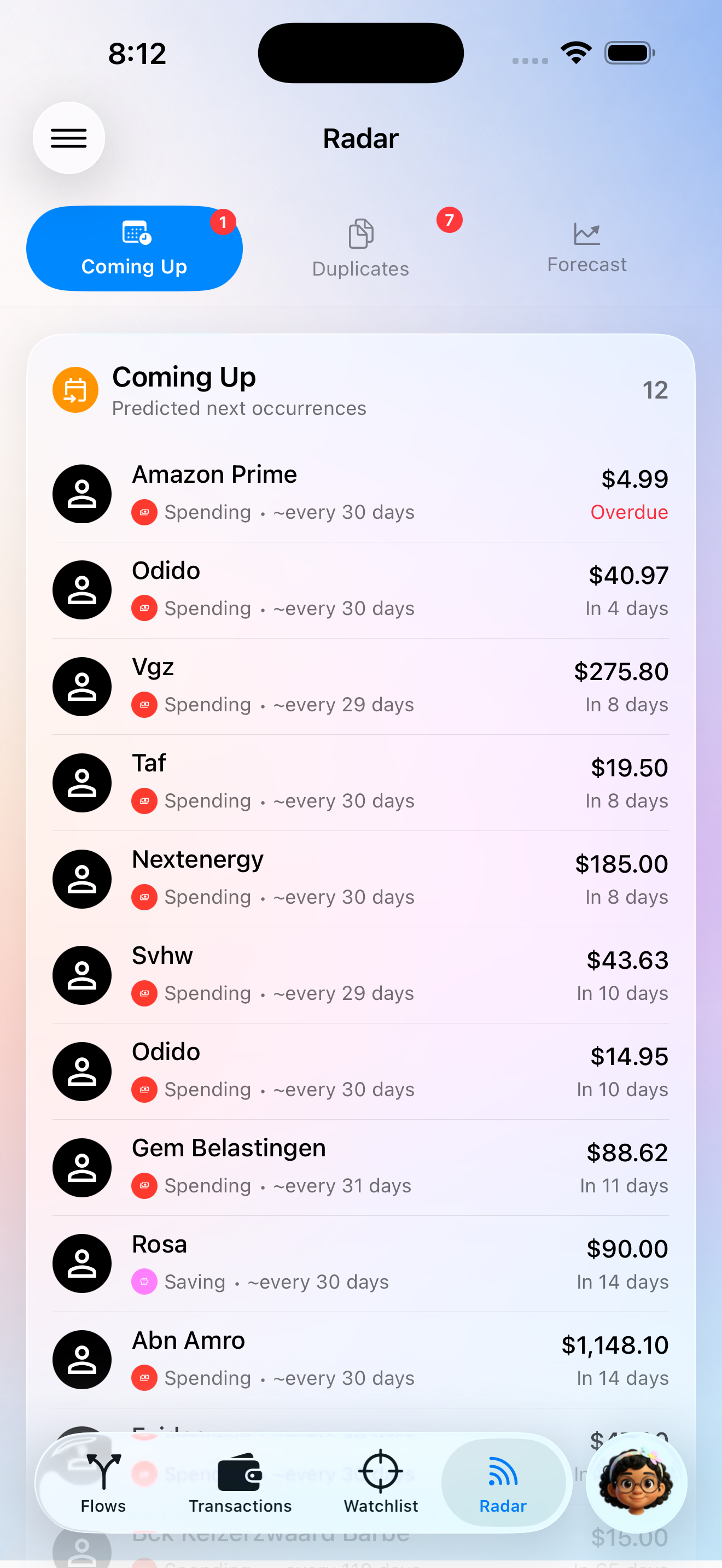 Inbox with recurring payments, upcoming charges, and duplicate detection