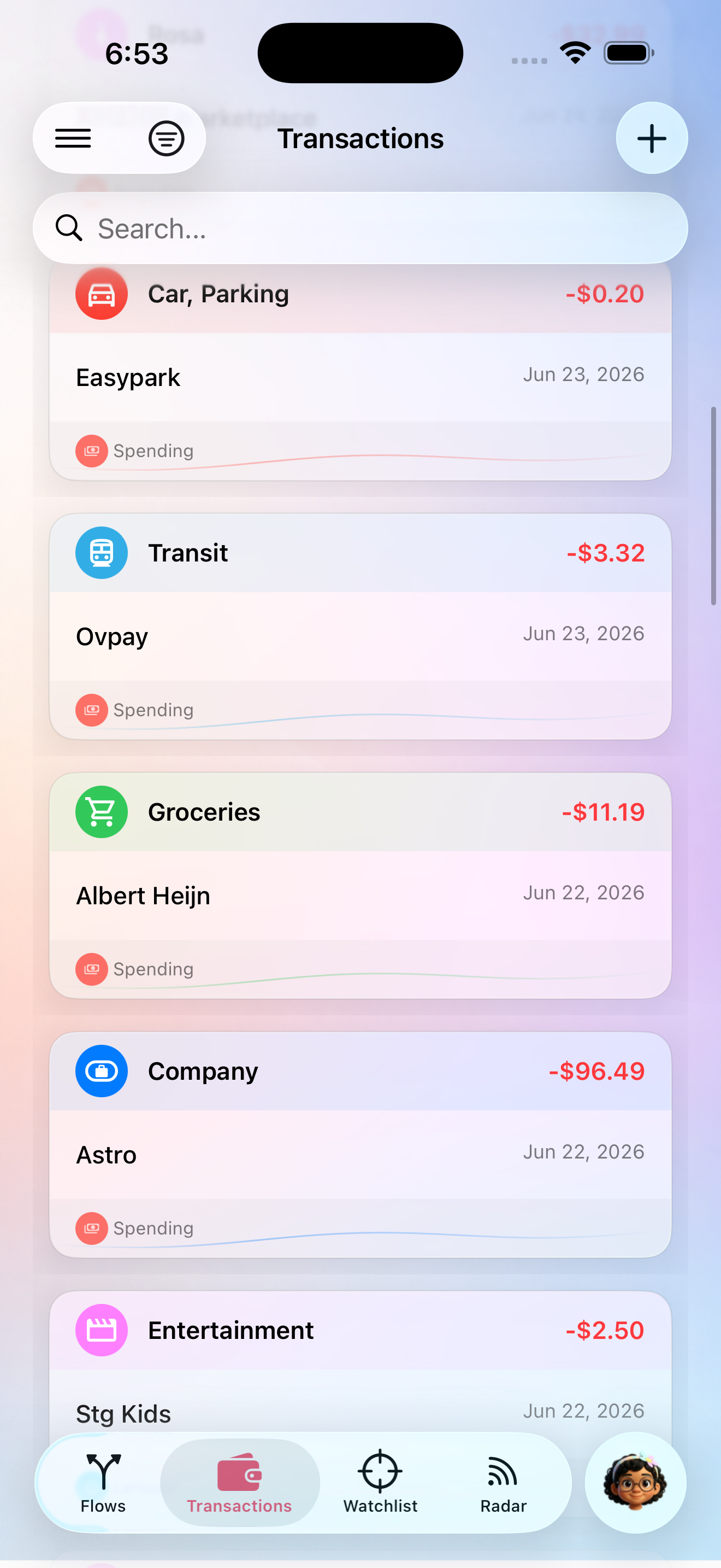Transaction list view