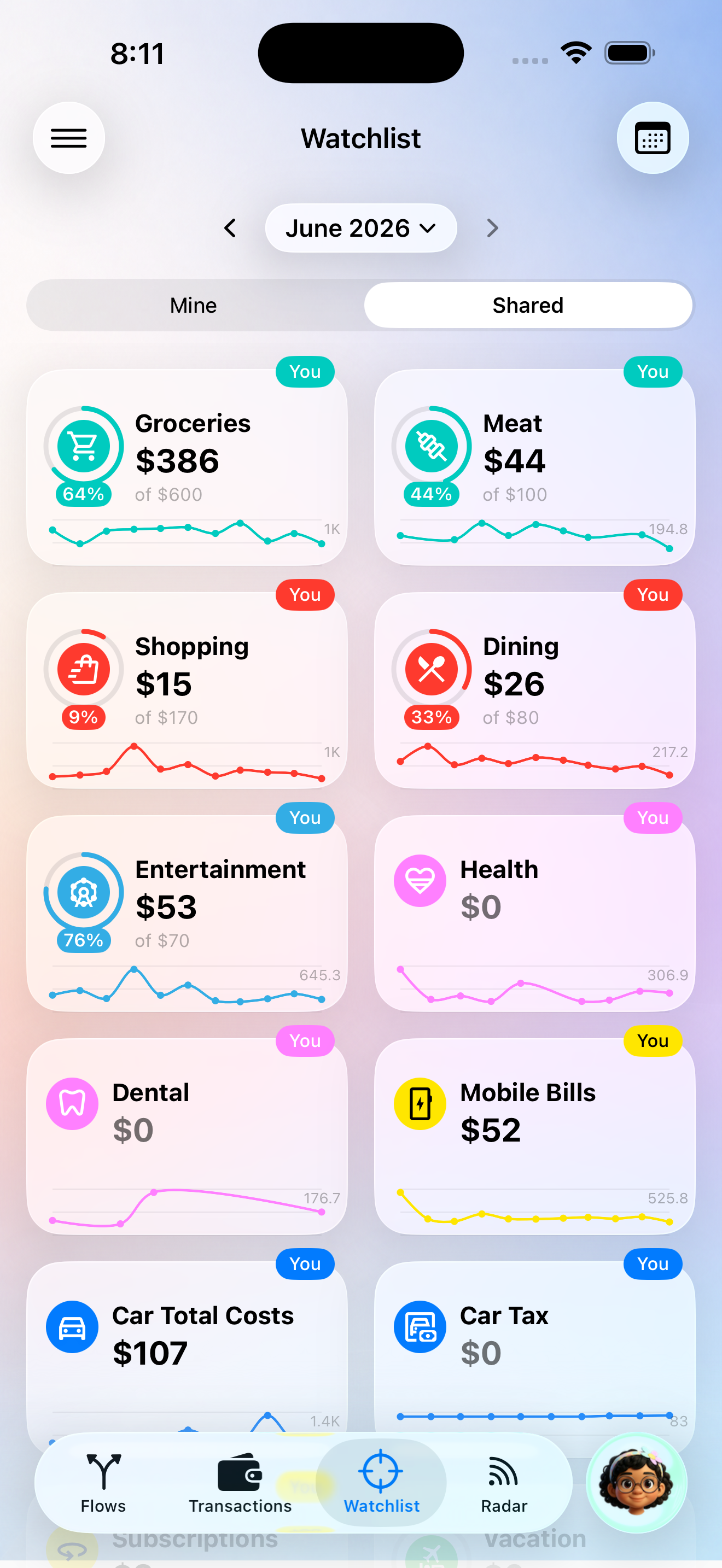 Budget with its limit, progress bar, and monthly trend